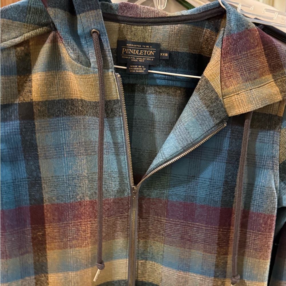 Pendleton Plaid Hooded Jacket Wool Blend Zip Up Blue Teal Burgundy XXS - Picture 5 of 10